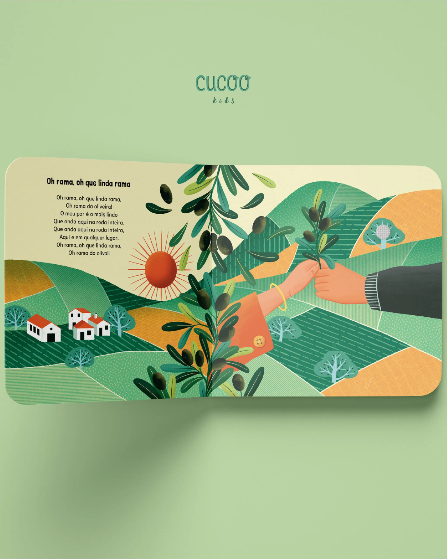 Página de livro infantil com ilustração de mãos e ramo de oliveira e texto em português.