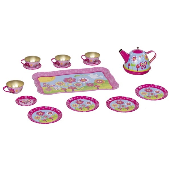 Conjunto infantil de chá com bule, chávenas, pires, pratos e tabuleiro decorados com flores coloridas