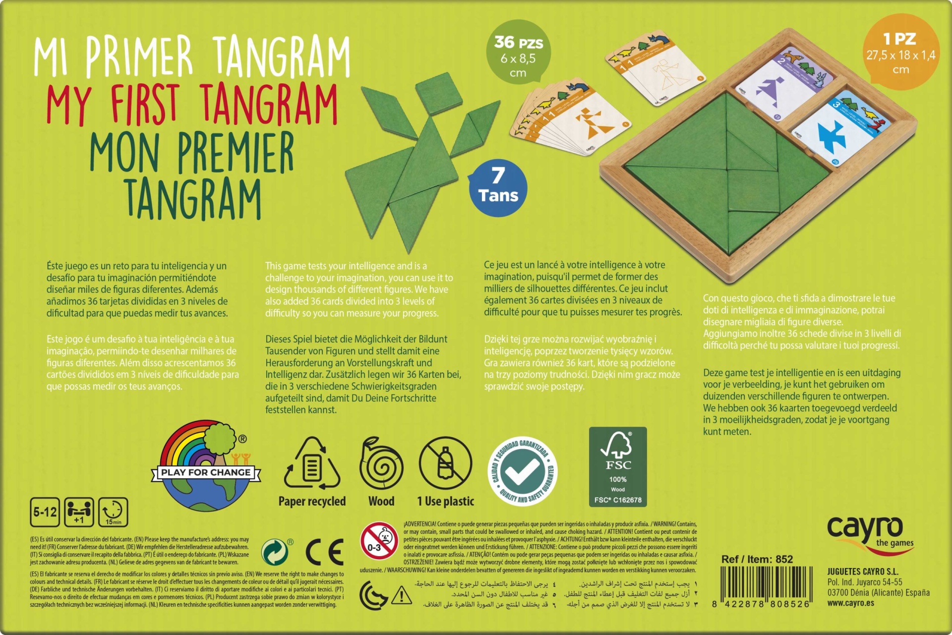 Embalagem amarela do jogo MI PRIMER TANGRAM com peças verdes e informação multilíngue