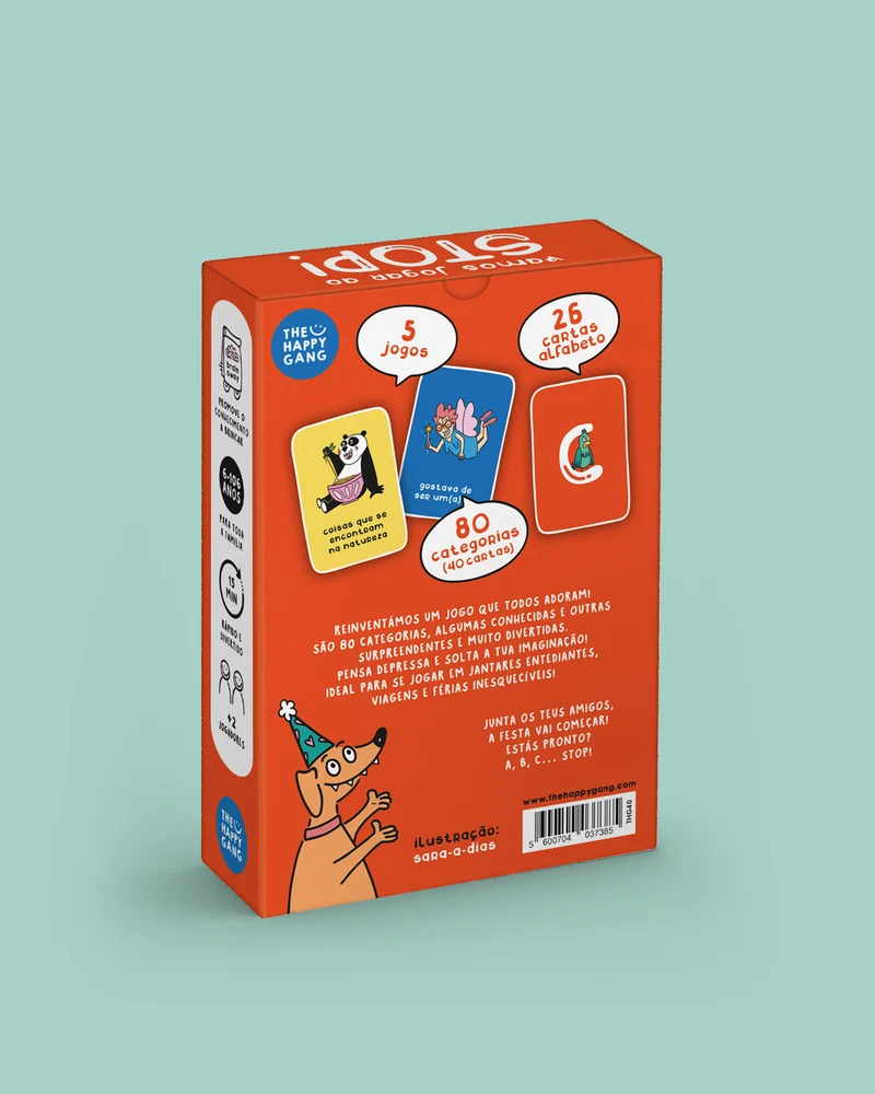 Caixa laranja de jogo de cartas para crianças com ilustrações coloridas e texto em português