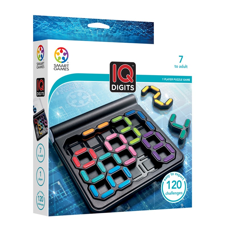 Caixa do jogo IQ Digits com peças coloridas em forma de dígitos numa base preta