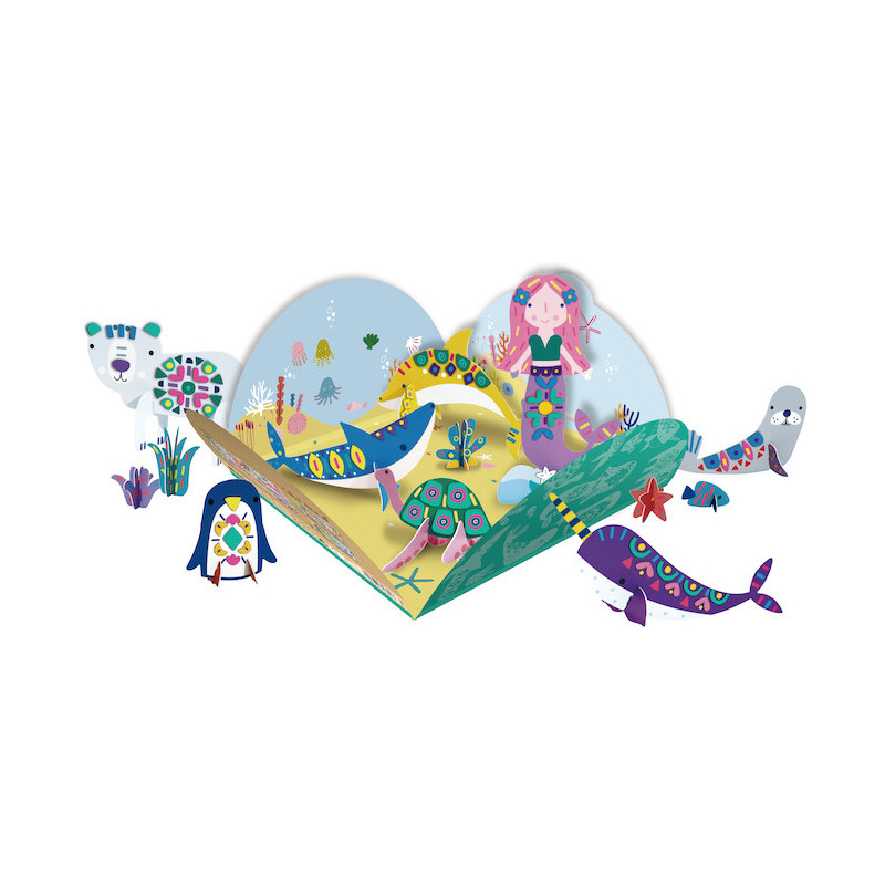 Livro pop-up com ilustrações de animais marinhos e sereia