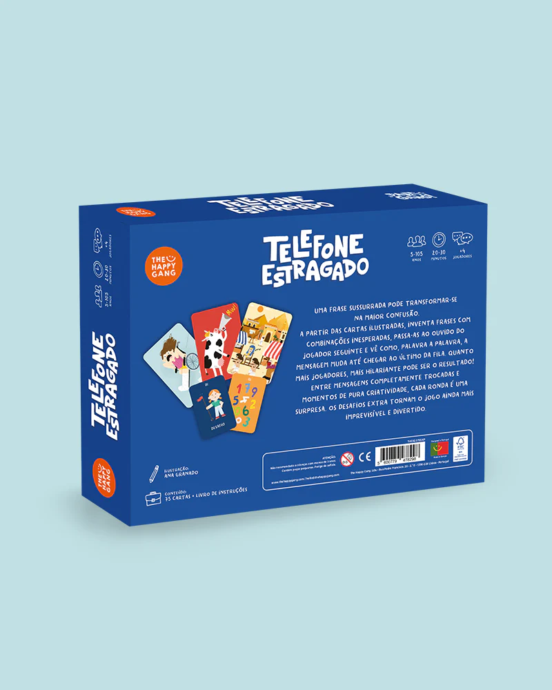 Embalagem azul do jogo de cartas Telefone Estragado com cartas ilustradas
