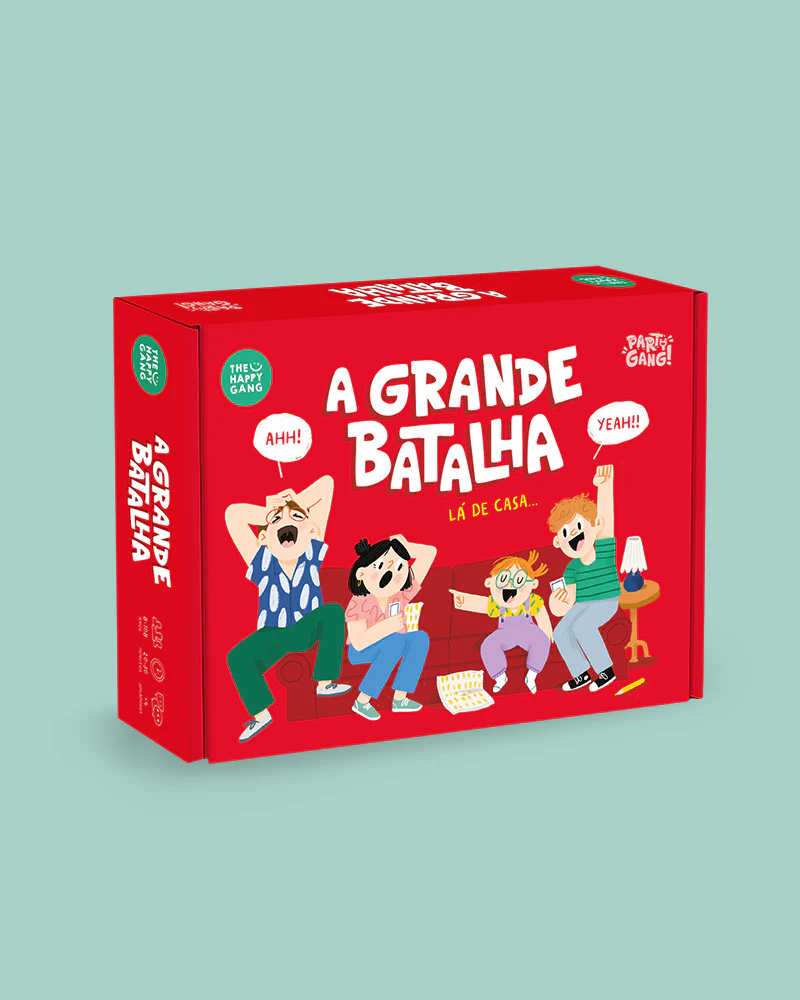 Caixa vermelha de jogo de tabuleiro com ilustração de personagens animados no sofá