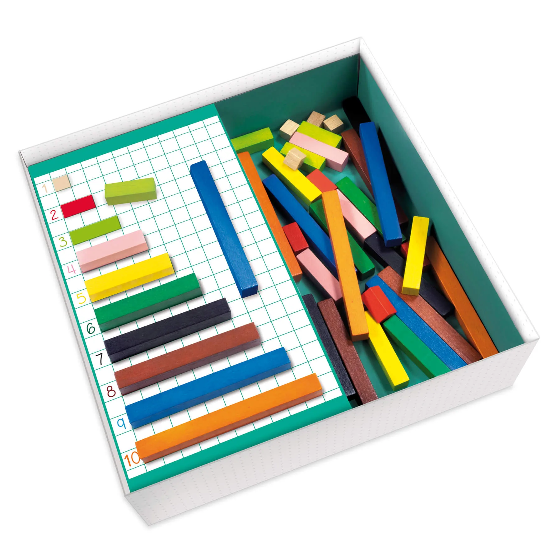 Conjunto de blocos de madeira coloridos em caixa com base quadriculada numerada