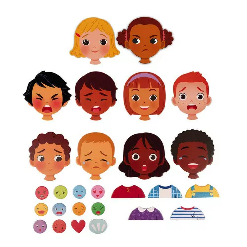 Ilustração de rostos infantis com várias expressões e ícones de emoções coloridas