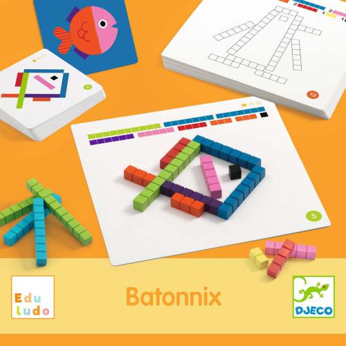 Jogo Batonix com peças de cubos coloridos e cartões de tarefas