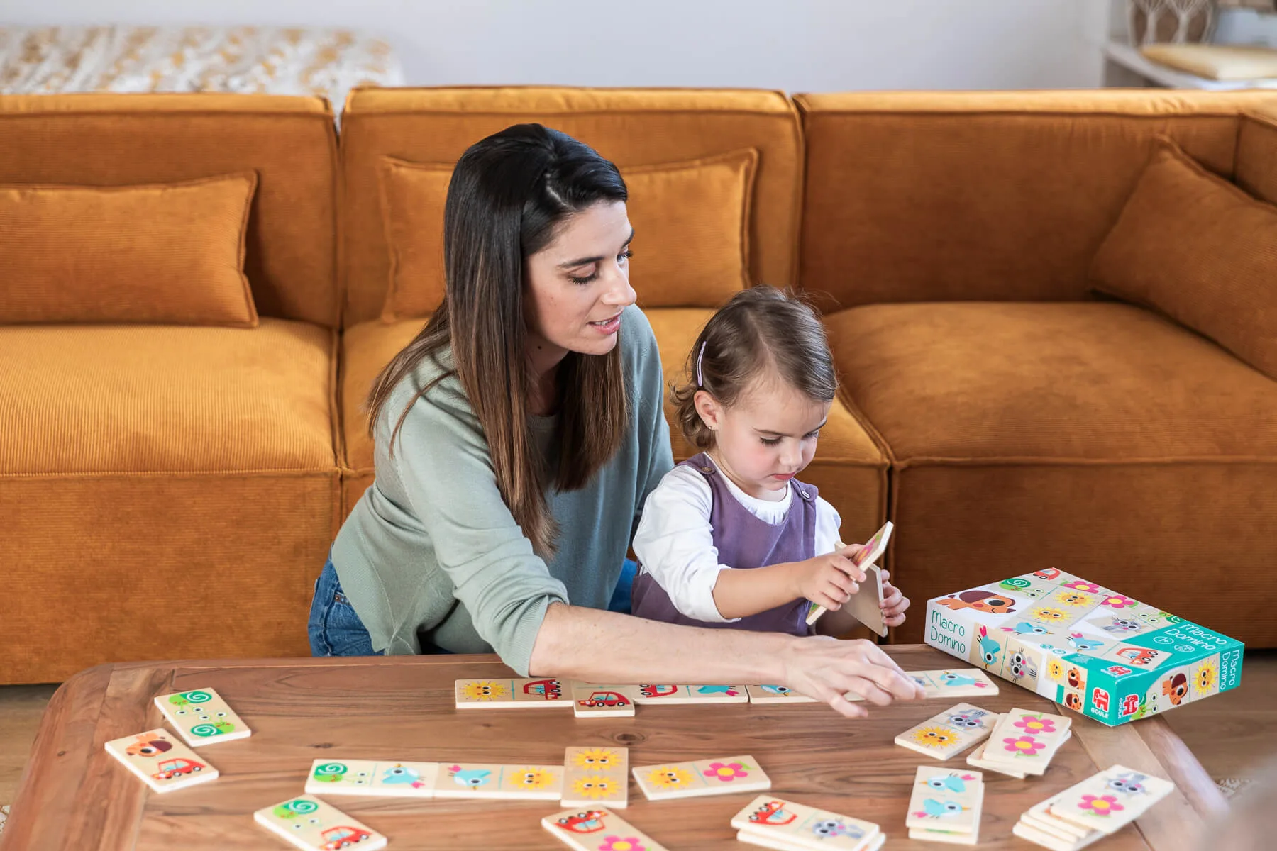 Jogo de dominó de madeira colorido com imagens e caixa Macro Domino numa mesa diante de um sofá castanho.