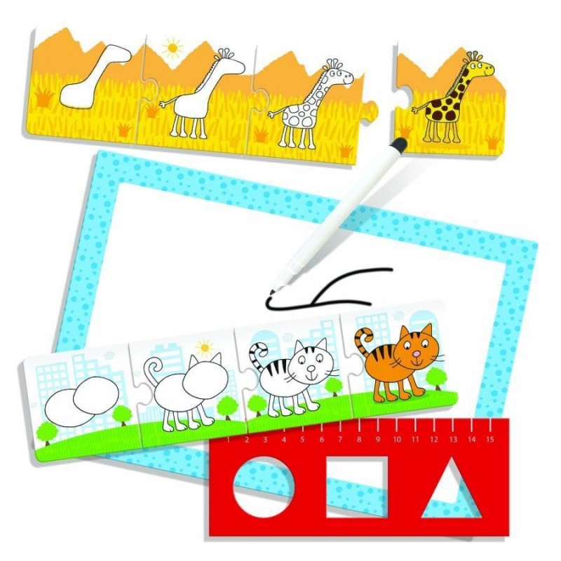 ferramentas educativas para crianças com desenhos, marcador, quadro branco azul e régua vermelha