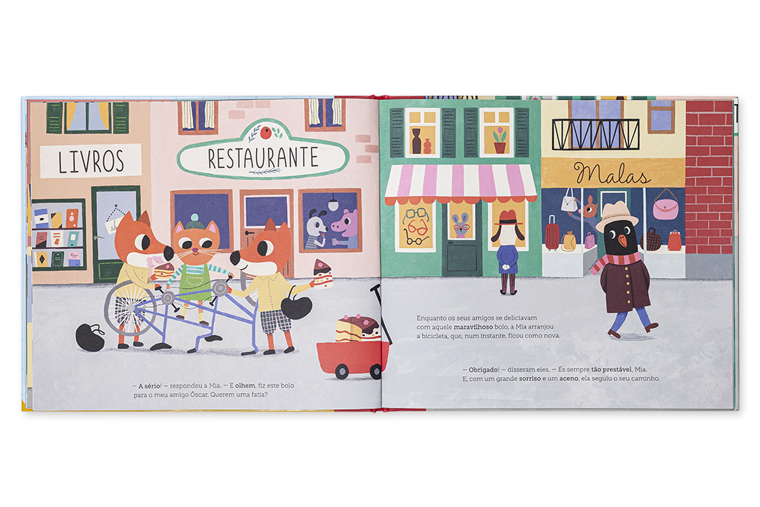 Ilustração de ruas com lojas: restaurante, livraria, loja de malas, e personagens animais