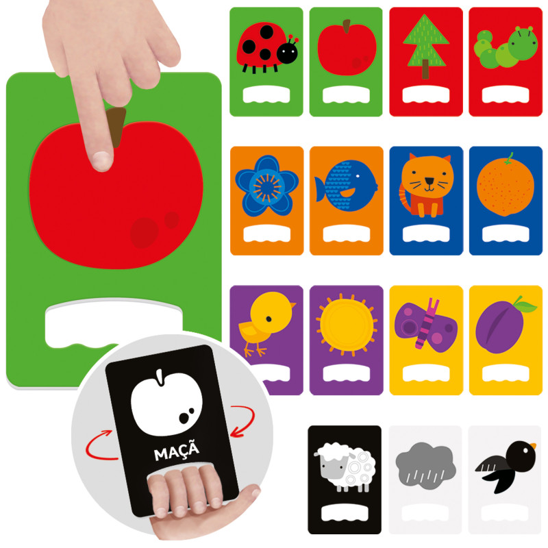 Cartas infantis coloridas com desenhos de animais e objetos, destacando uma carta de maçã vermelha e a palavra MAÇÃ.