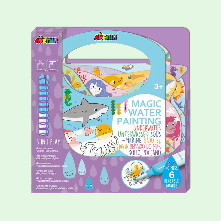 Jogo de pintura mágica com tema submarino da Avenir, embalagem roxa com caneta azul e 6 tabuleiros reutilizáveis.