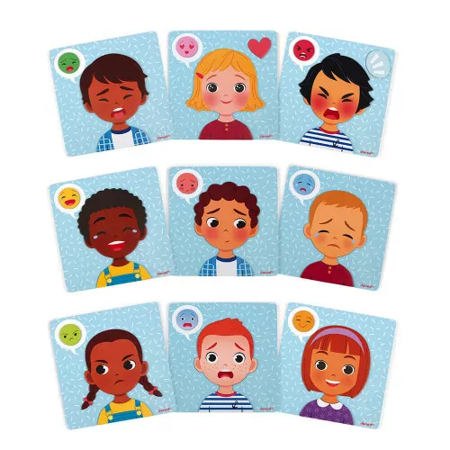Cartas ilustradas com crianças expressando emoções variadas em fundo azul.