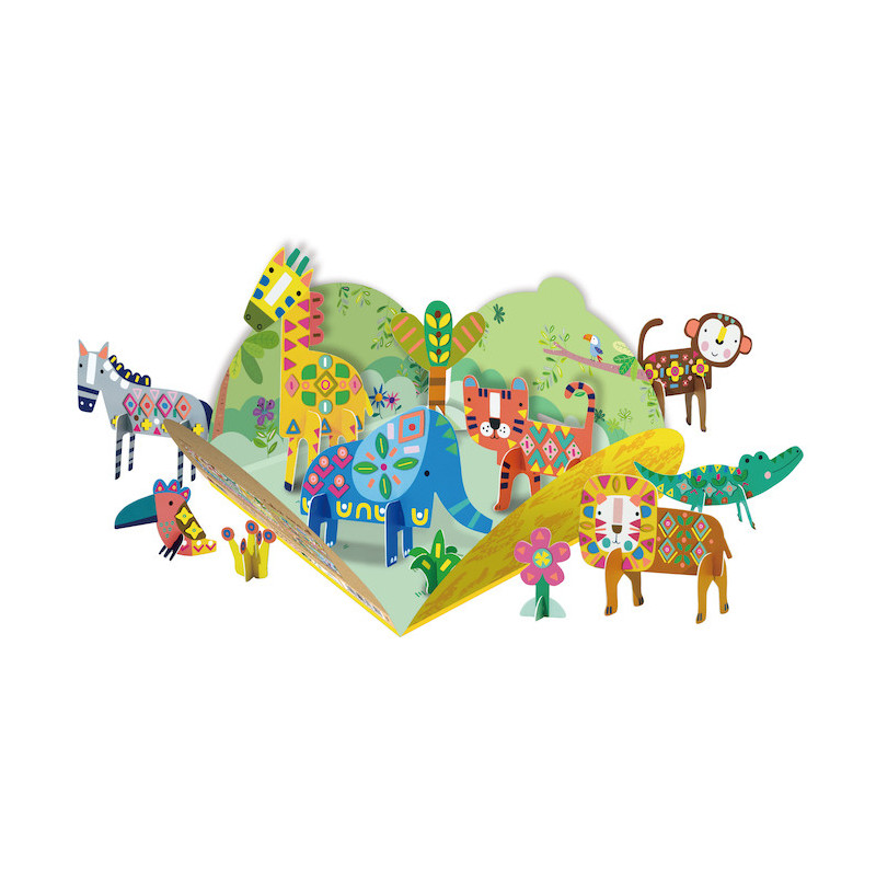 Livro pop-up infantil com figuras de animais coloridos vibrantes
