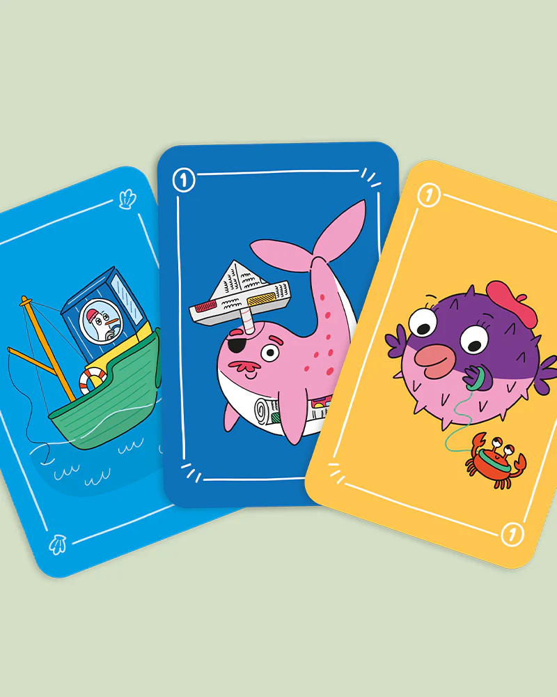 Cartas de jogo com desenhos de animais marinhos coloridos