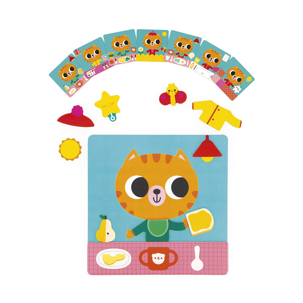 Jogo de cartas e peças de papel cartonado com ilustrações de gato laranja e objetos em fundo branco