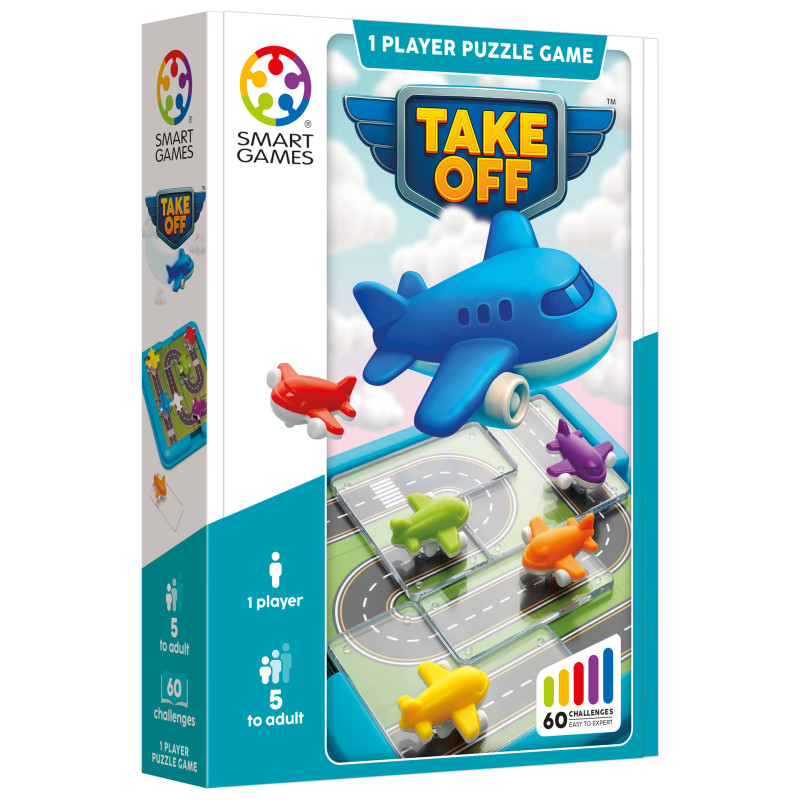 Jogo puzzle TAKE OFF com aviões coloridos e tabuleiro com pista