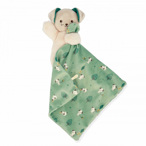 Manta de bebé com peluche de cão e mantinha verde com padrão