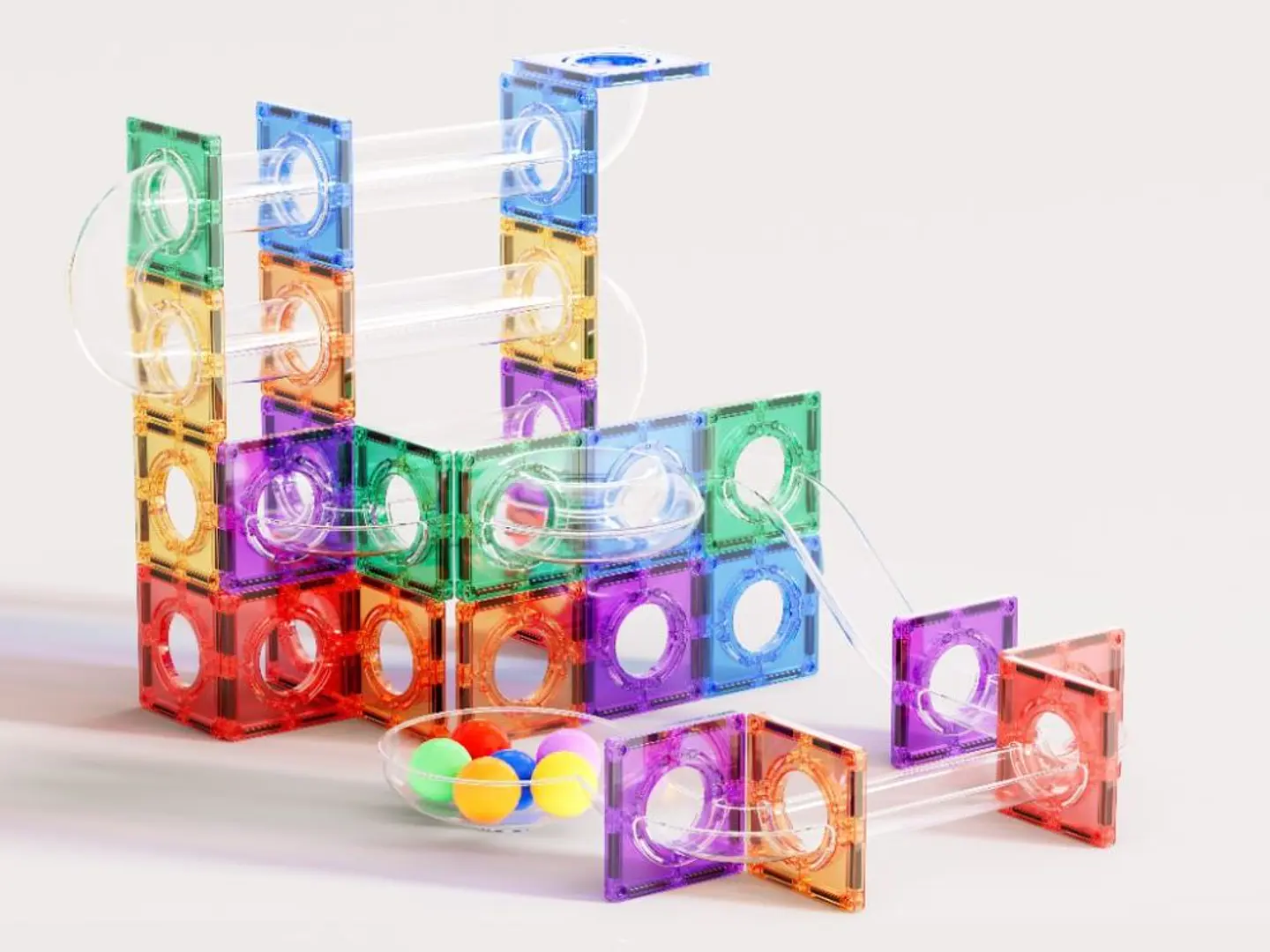 Brinquedo de blocos magnéticos transparentes e coloridos com tubos e bolas coloridas