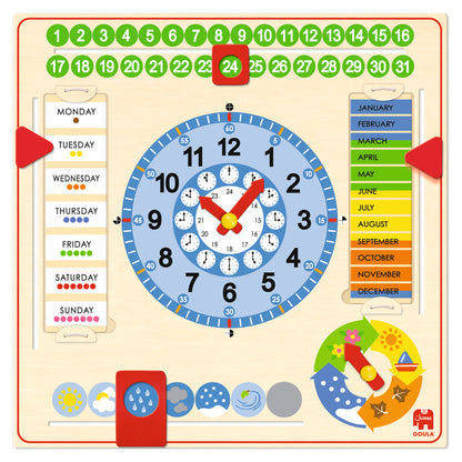 Relógio educativo de madeira colorido com números, dias, meses, fases da lua e clima.