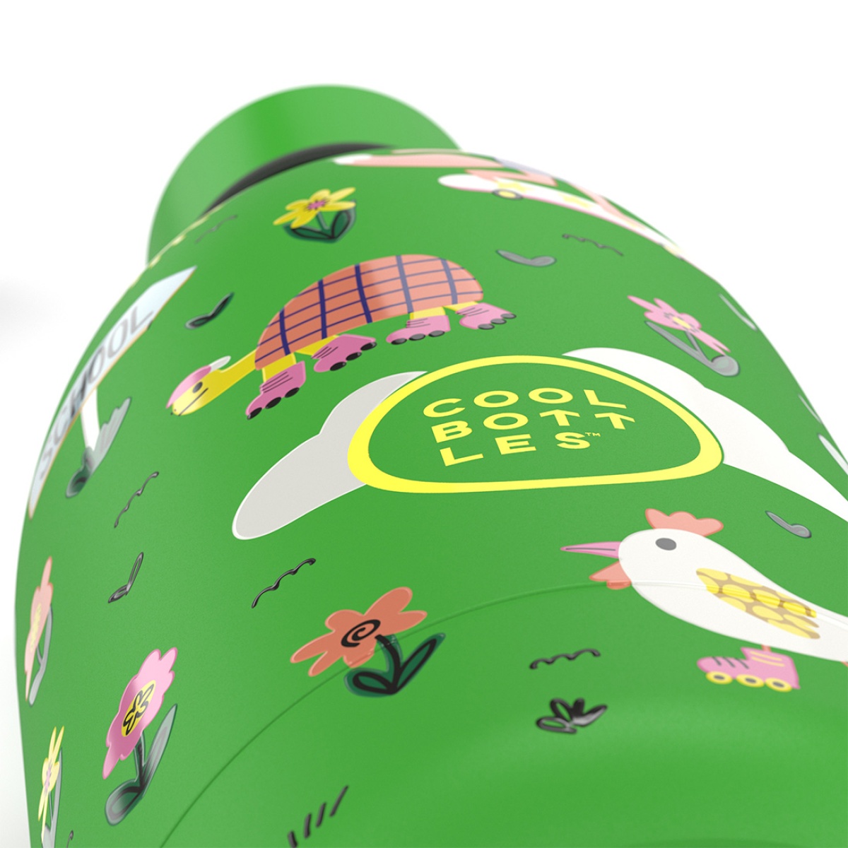 Garrafa verde com desenhos de animais e flores e logótipo COOL BOTTLES em amarelo.