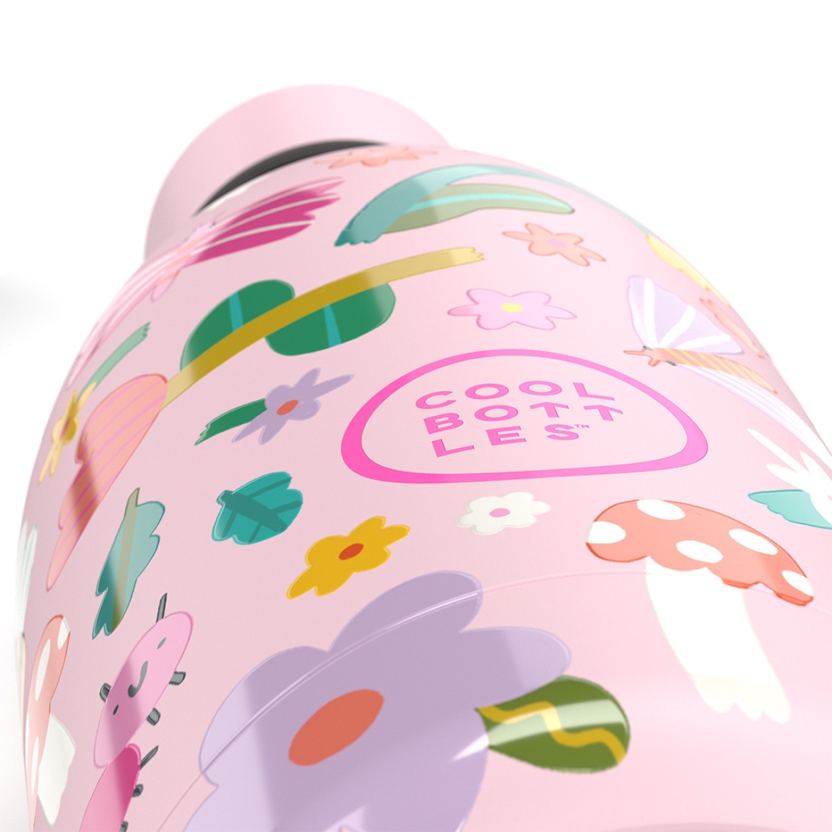 Garrafa térmica rosa com padrão de flores e cogumelos e texto COOOL BOTTLES™
