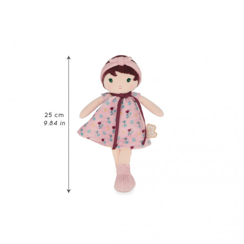 Boneca de pano cor-de-rosa com vestido floral e faixa na cabeça