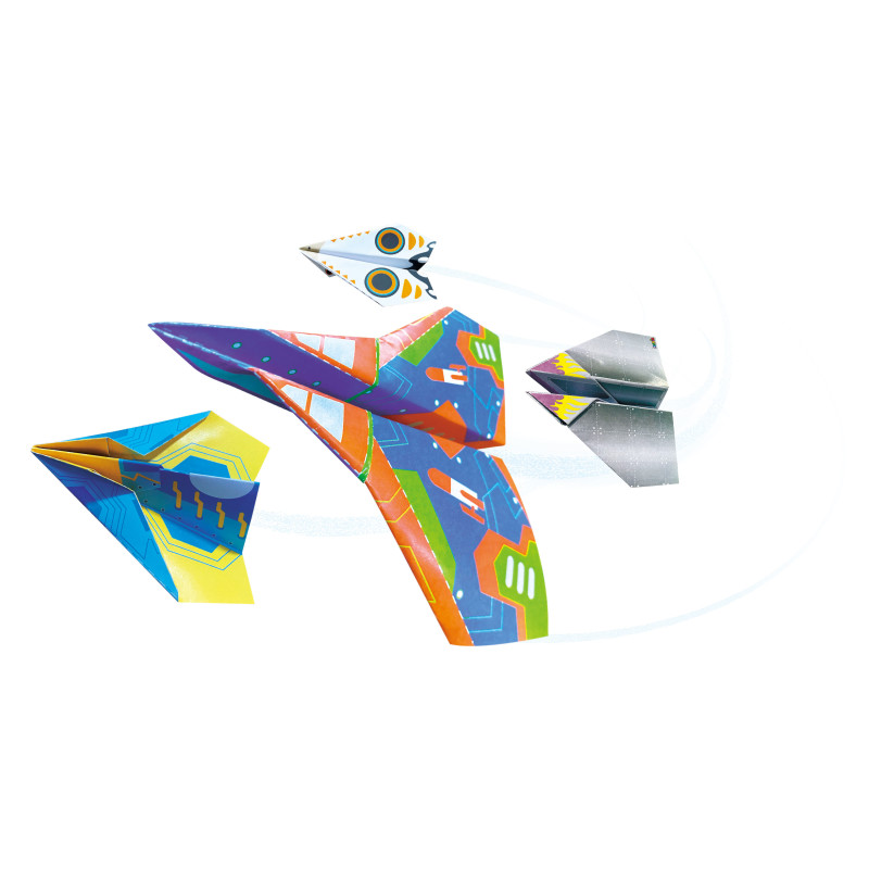 Aviões de papel coloridos com padrões digitais abstratos.