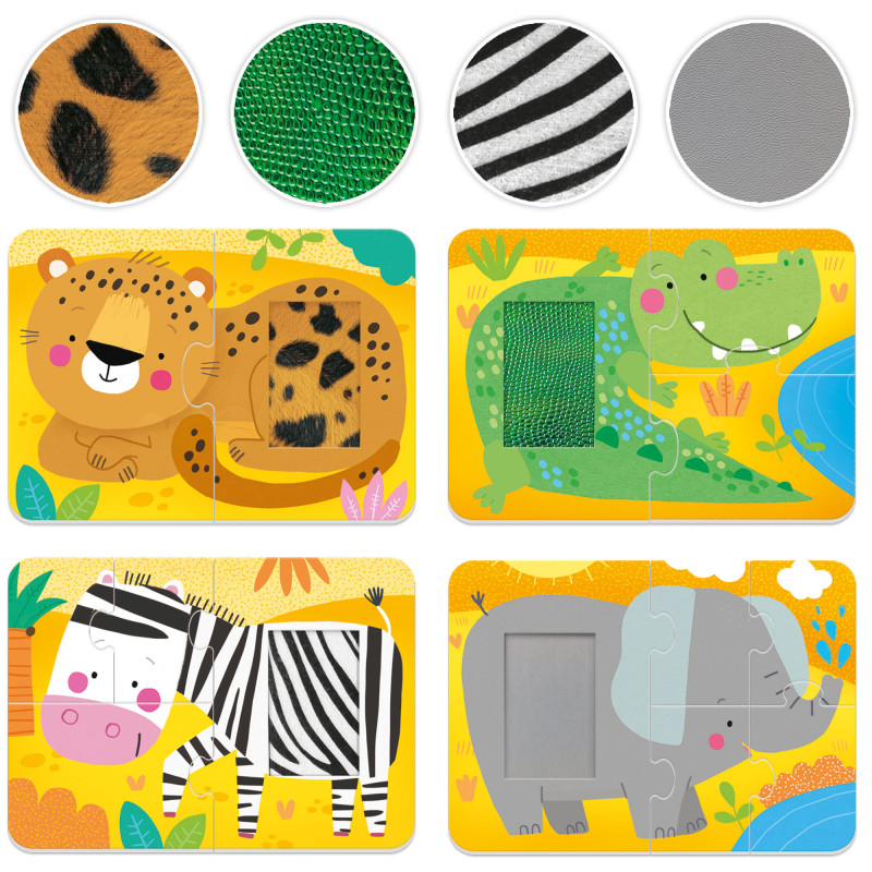 Puzzles infantis táteis com animais leopardo, crocodilo, zebra e elefante