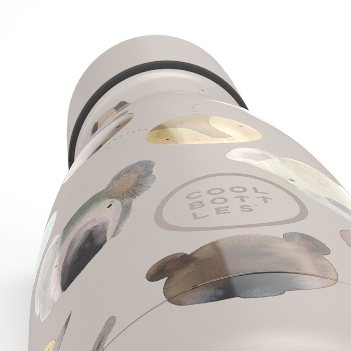 Garrafa térmica cinza com estampas de animais e texto COOL BOTTLES
