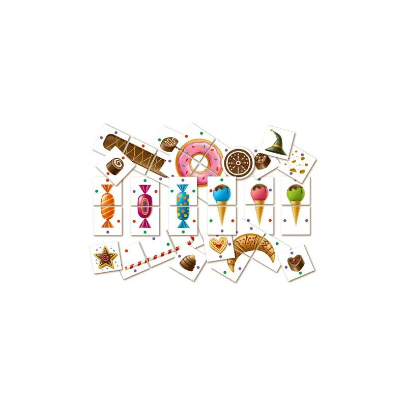 Peças de jogo com desenhos coloridos de doces e gelados sobre fundo branco