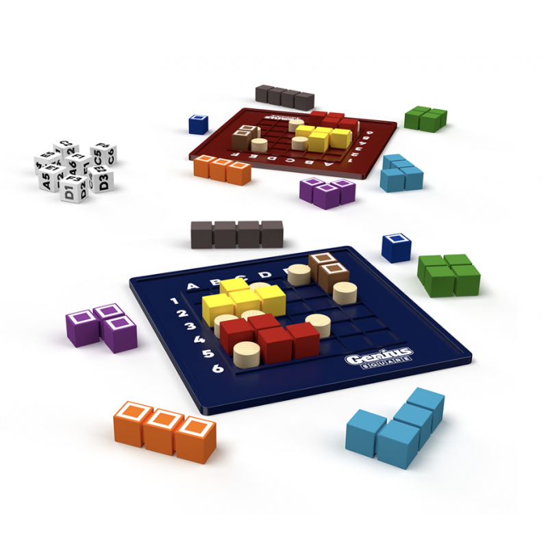 Jogo Genius Square com blocos coloridos e dados num tabuleiro azul e vermelho