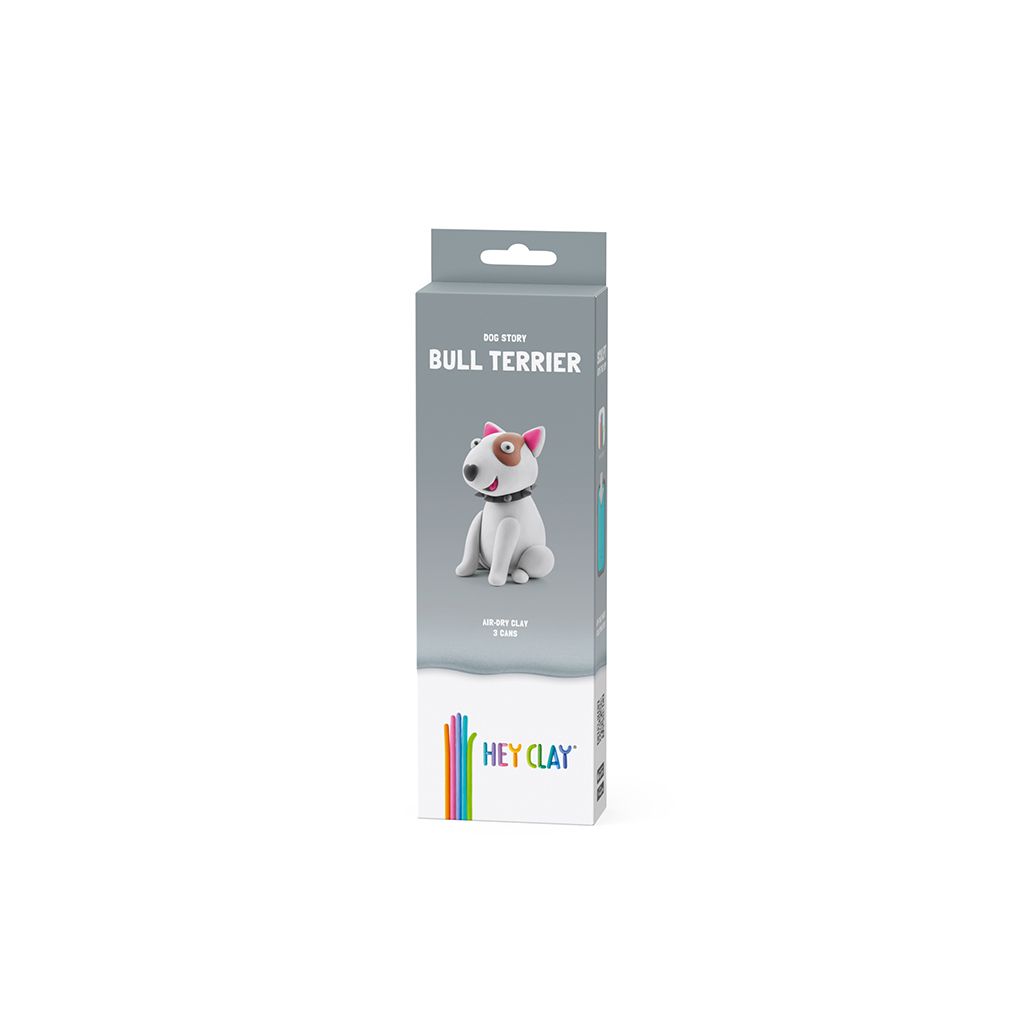 Embalagem de argila Hey Clay Bull Terrier com imagem de cão branco e castanho
