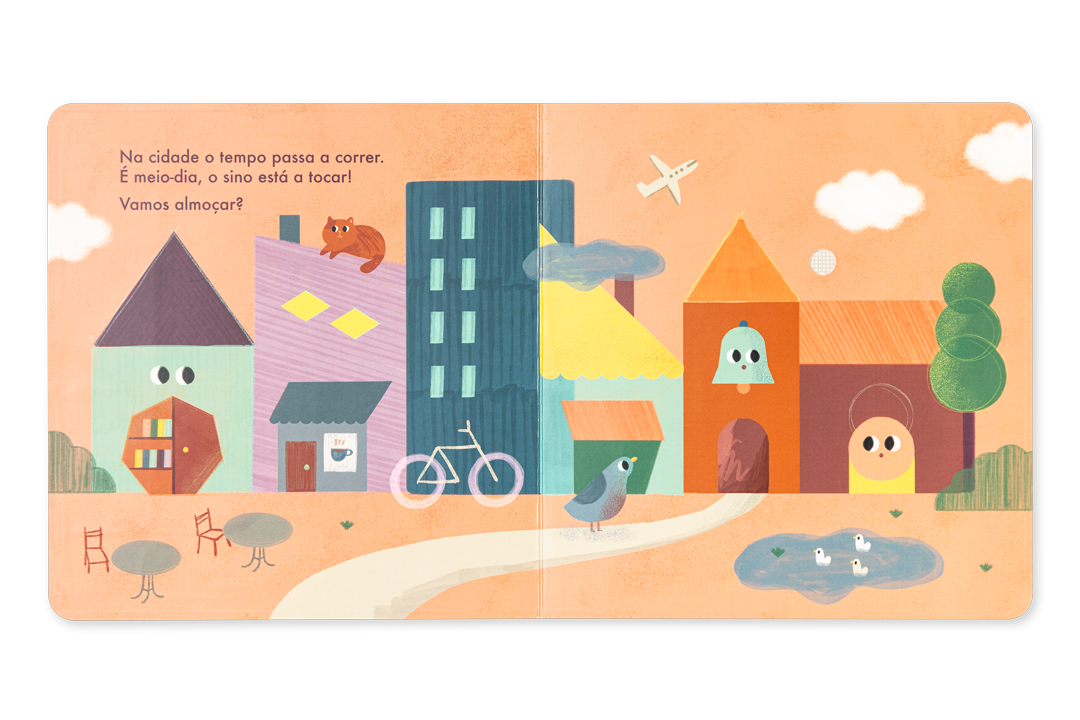 Ilustração colorida e infantil de prédio e animais com texto em português