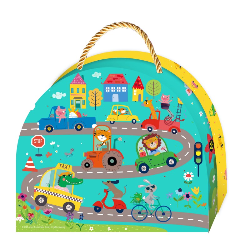 Caixa com ilustração de animais em veículos numa estrada colorida