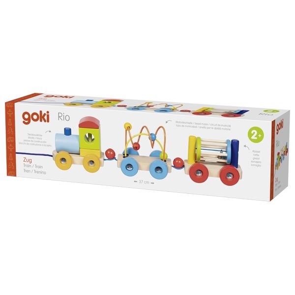 Brinquedo de comboio de madeira colorido em caixa