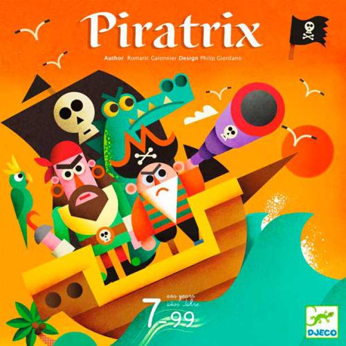 Capa do jogo de tabuleiro Piratrix com piratas e crocodilo coloridos