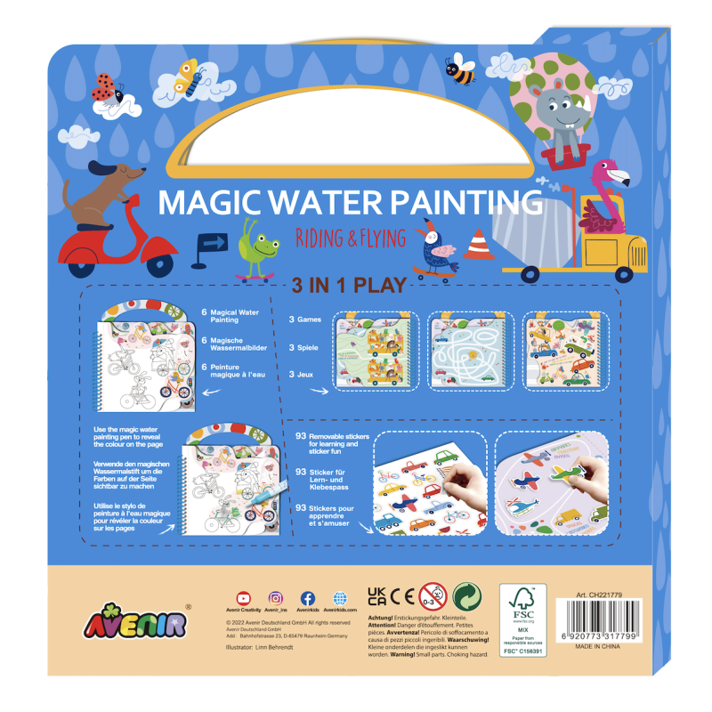 Embalagem azul de jogo infantil MAGIC WATER PAINTING com desenhos coloridos e texto explicativo.