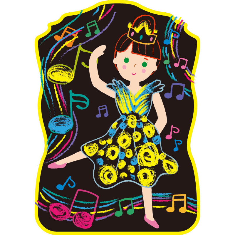 Desenho de uma menina princesa a dançar com vestido amarelo e azul, coroa e notas musicais coloridas