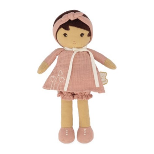 Boneca de pano vestida de rosa com bordado de flores