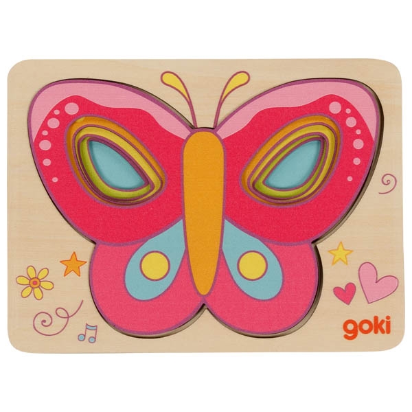 Puzzle de madeira borboleta colorida com detalhes decorativos e logo goki