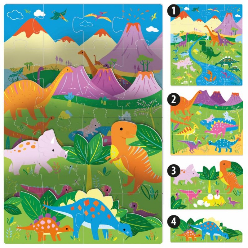 Quebra-cabeças infantil com dinossauros coloridos e paisagem natural