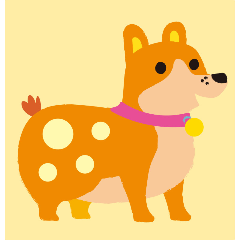 Cão estilizado laranja com manchas amarelas e coleira cor-de-rosa