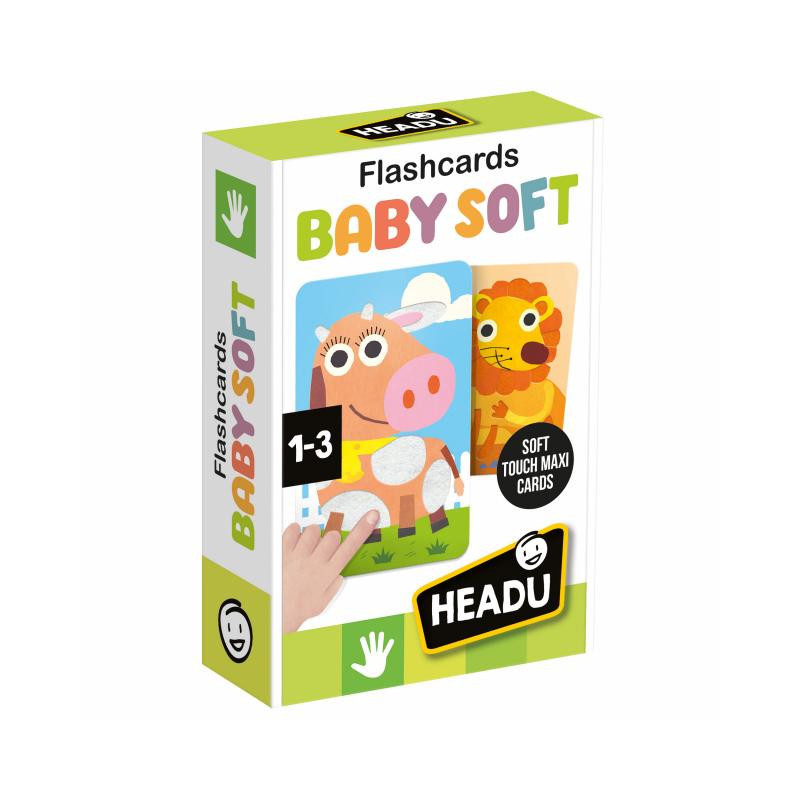 Caixa de flashcards BABY SOFT com ilustrações de vaca e leão, marca HEADU