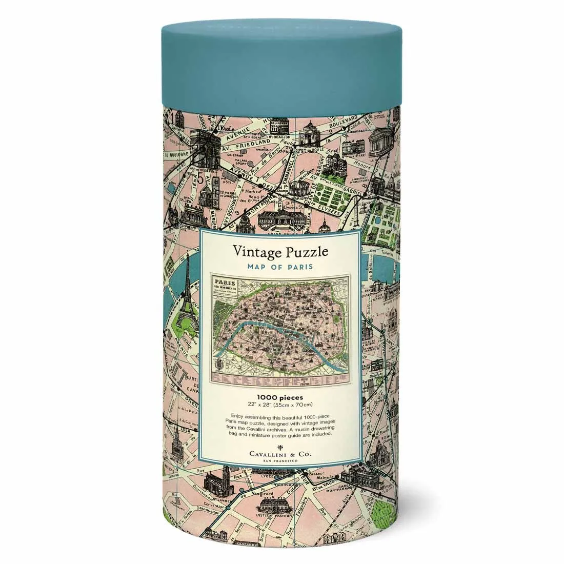 Embalagem cilíndrica de puzzle vintage com mapa de Paris e tampa azul