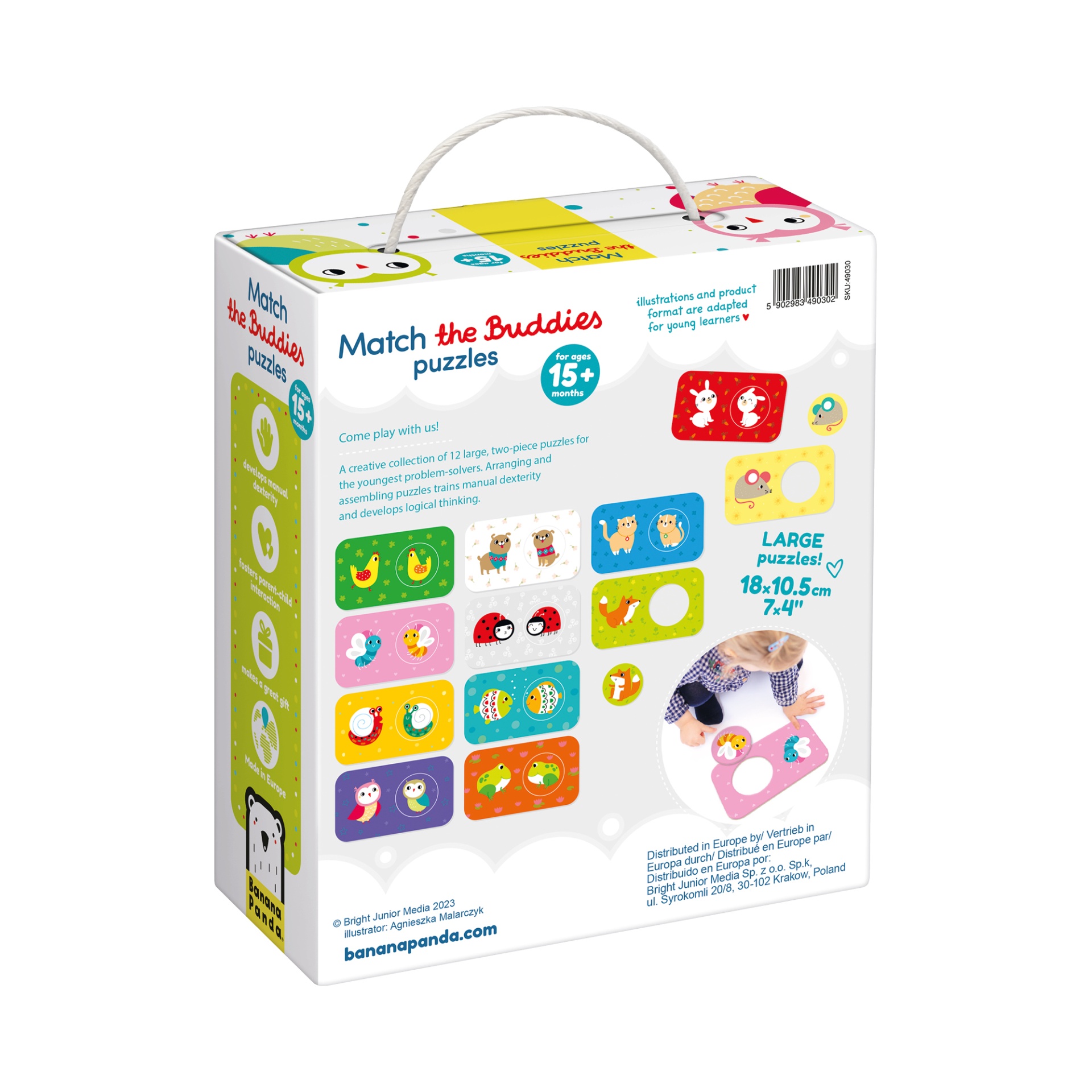 Caixa de jogo de puzzles educativos colorida com ilustrações de animais e pega branca