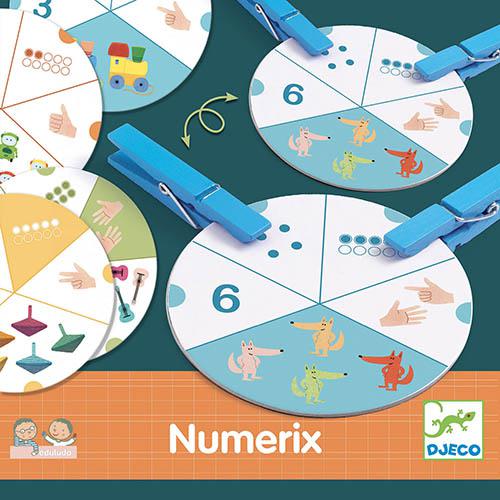 Jogo educativo Numerix de disco redondo com números, desenhos e pinças azuis
