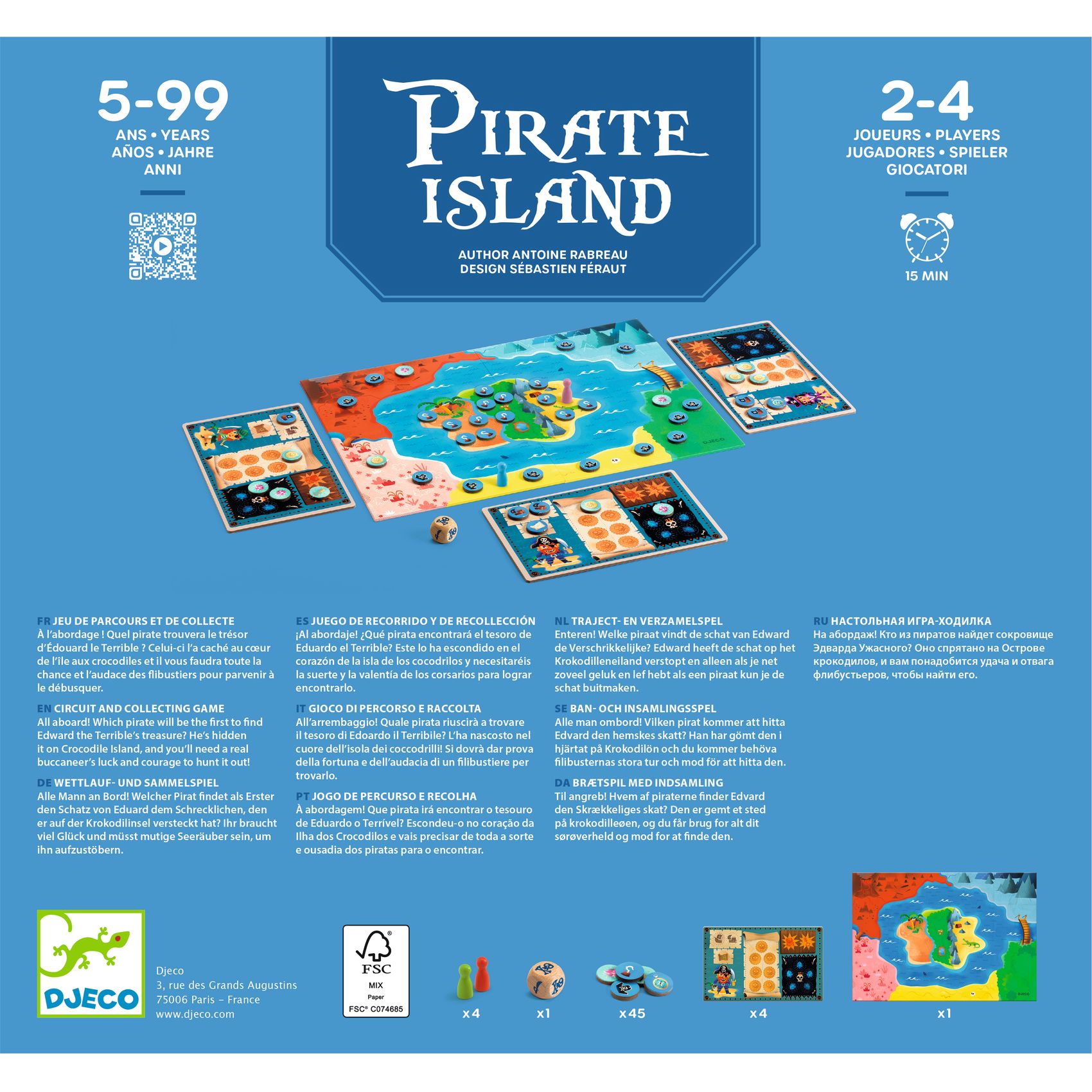 Jogo de tabuleiro Pirate Island com peças coloridas, cartas, dados e tabuleiro ilustrado