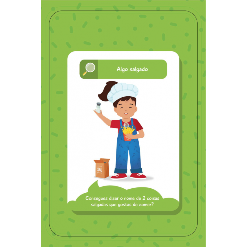 Cartão educativo verde com texto e ilustração de criança com chapéu de cozinheiro segurando batatas fritas e saleiro
