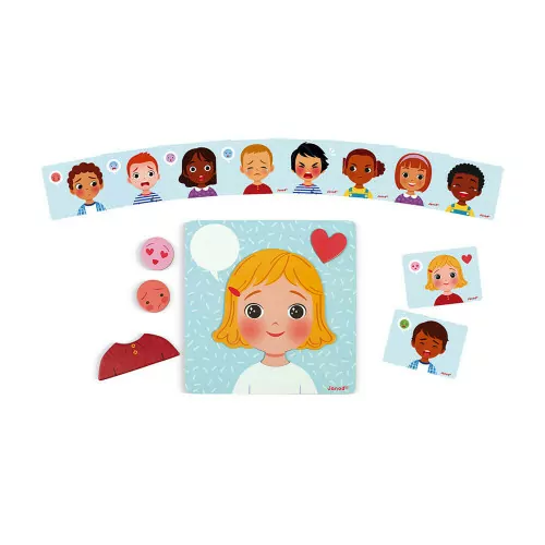 Jogo educativo infantil com cartas de expressões faciais e peças emotivas